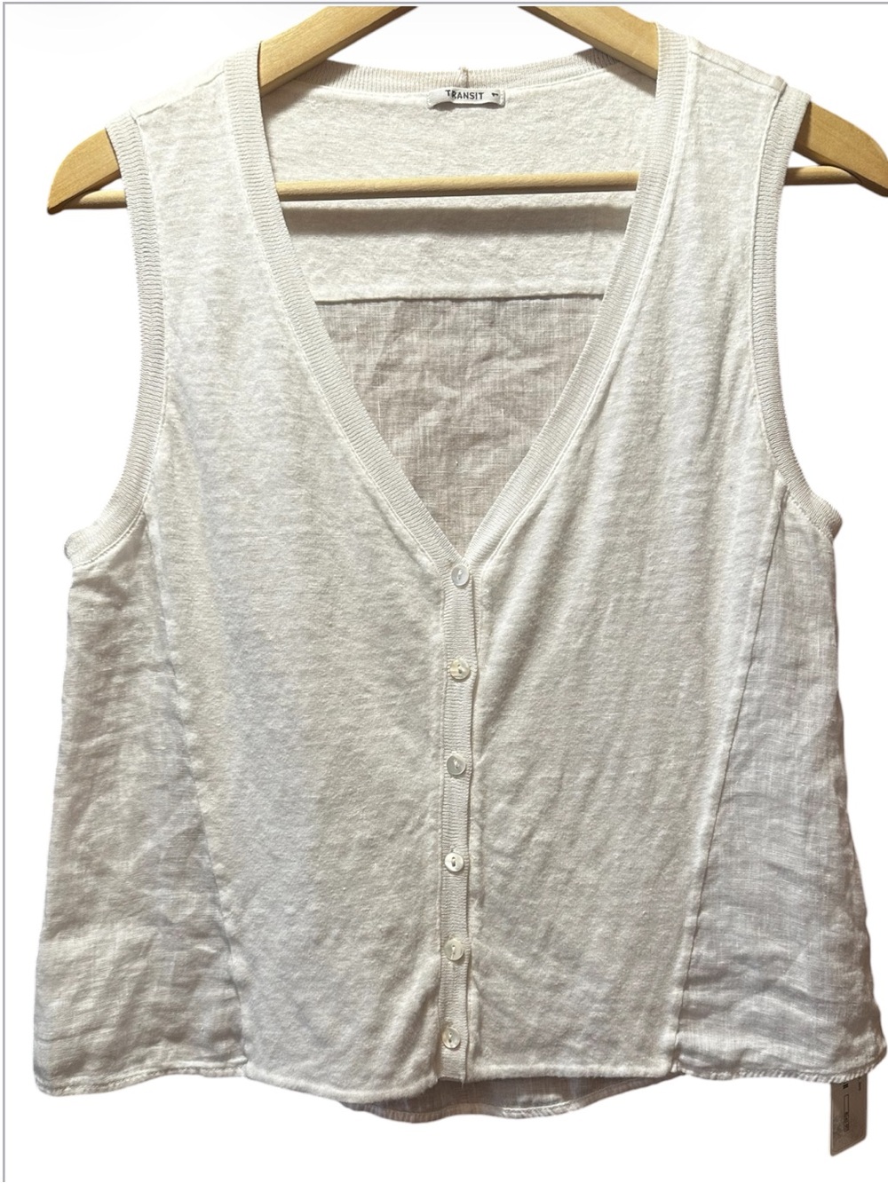 Deborah James/ Transit Linen-Blend White Button Front Sleeveless Vest